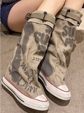 BRAND NEW (w/out tags) Canvas Sneaker Boots in Khaki with Black Print Size